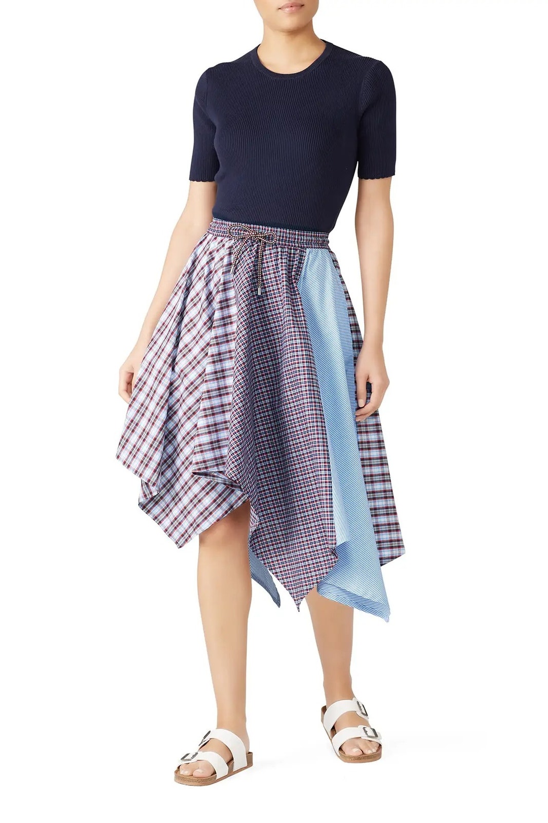Victoria/Tomas Women's 0 Blue Red Mixed Plaid Patchwork Asymmetrical Skirt S5-8